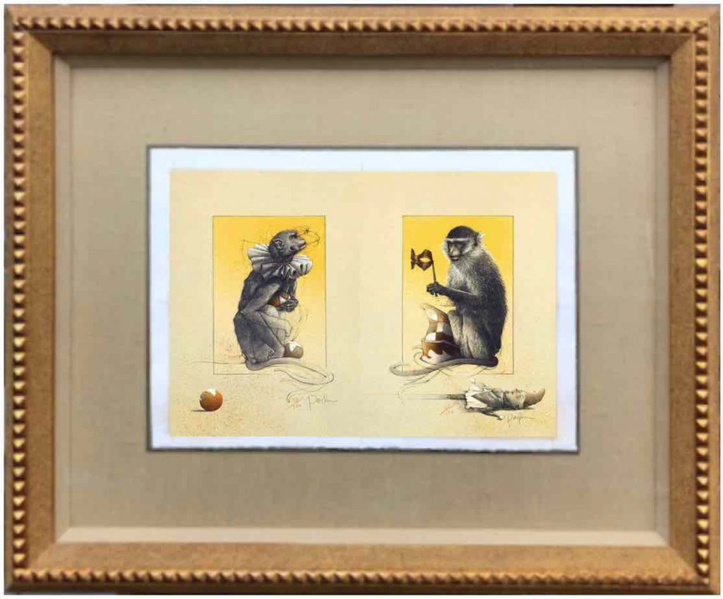 Juggler’s Monkey and Monkey Dancer Stone Lithograph by Michael Parkes