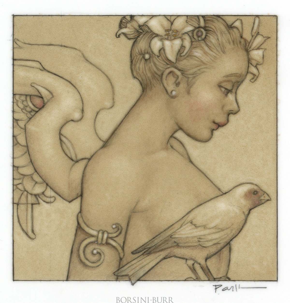 "Angel with Bird" Original Drawing
